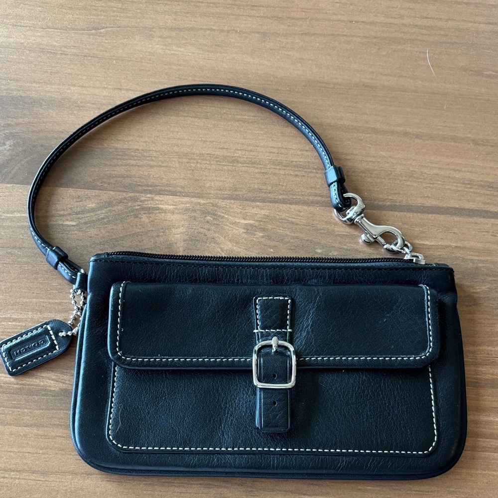 Coach Black Leather Wristlet Clutch with Contrast Stitching